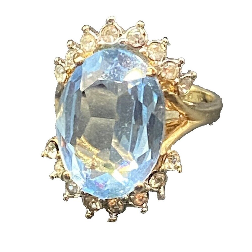 Faux Aquamarine Ring CZ 18K GE Yellow Gold Electroplate Sz 9 March BDay Cocktail - Picture 1 of 7